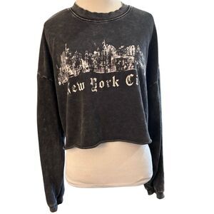 Garage Cropped New York City Sweatshirt Black Washed Graphic Pullover Size L
